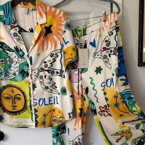 Joie White Multicolor Soleil-Print Pull-On pant and Matching Blouse set large